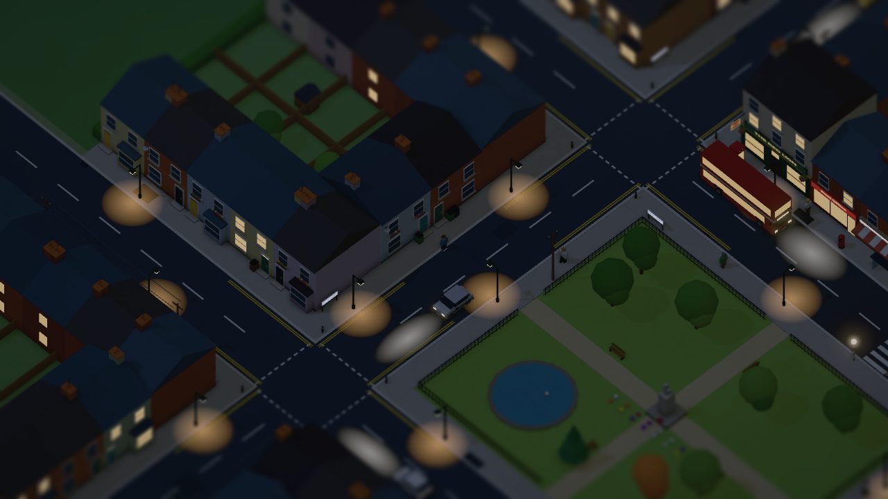 Street lamps on after dark around Victoria Park