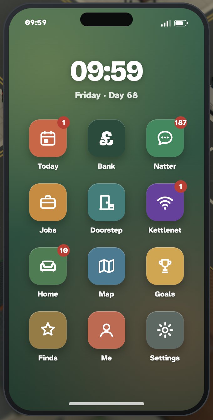 The in-game phone home screen with apps for Today, Bank, Natter, Jobs, Doorstep, Kettlenet, Home, Map, Goals, Finds, Me and Settings