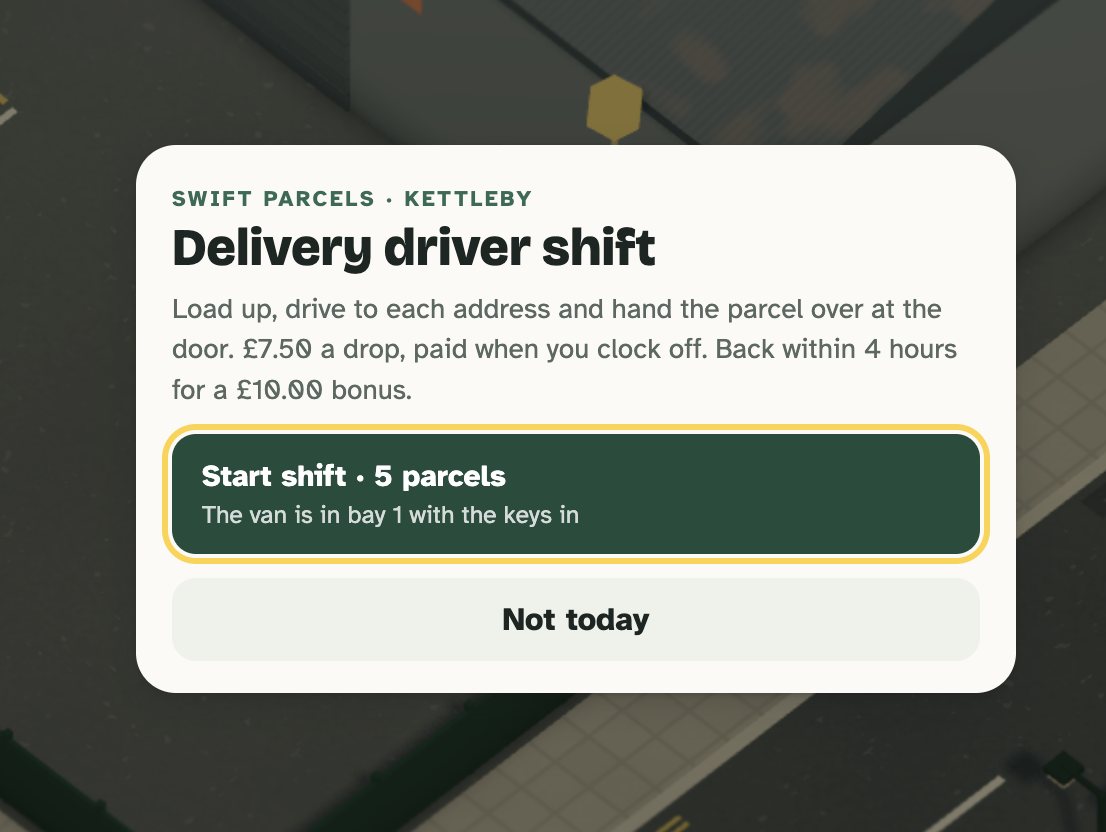 Picking up a delivery driver shift at Swift Parcels