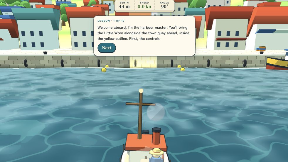 First lesson: the harbour master talks you through the controls